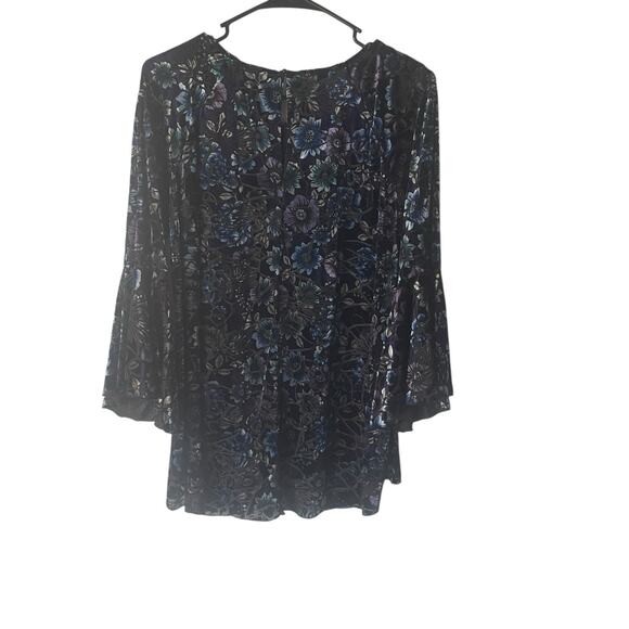 Cupio Large Whimsigoth Velvet Blue Floral Witchy Fairy Grunge Flutter Blouse - Picture 6 of 10